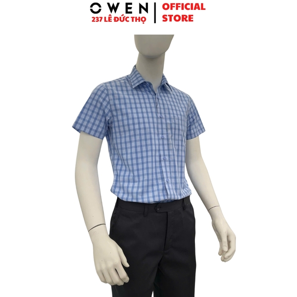 Áo sơ mi nam tay ngắn Owen AB263016NT màu xanh dáng body fit tà bằng xẻ tà chất liệu Bamboo polyester