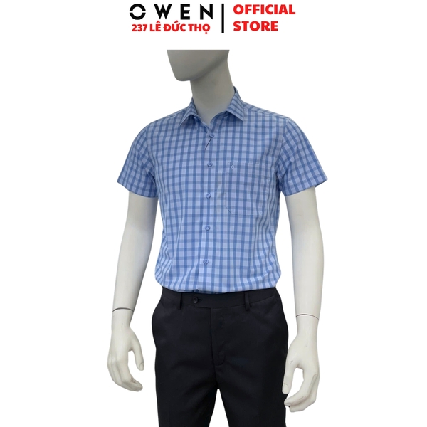 Áo sơ mi nam tay ngắn Owen AB263016NT màu xanh dáng body fit tà bằng xẻ tà chất liệu Bamboo polyester