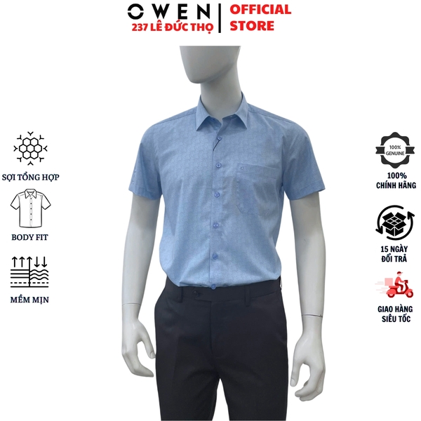 Áo sơ mi nam tay ngắn Owen AB260016NT màu xanh in họa tiết dáng suông body fit tà bằng có túi chất liệu modal polyester