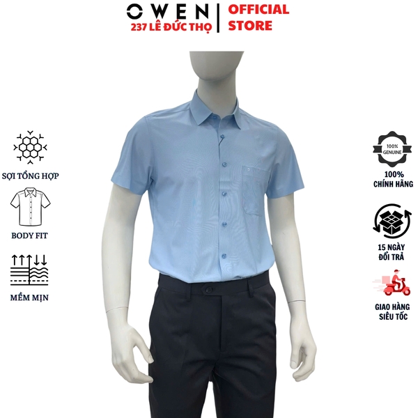Áo sơ mi nam tay ngắn Owen AB263092NT màu xanh nhạt kẻ dáng suông body fit tà bằng có túi chất liệu polyester