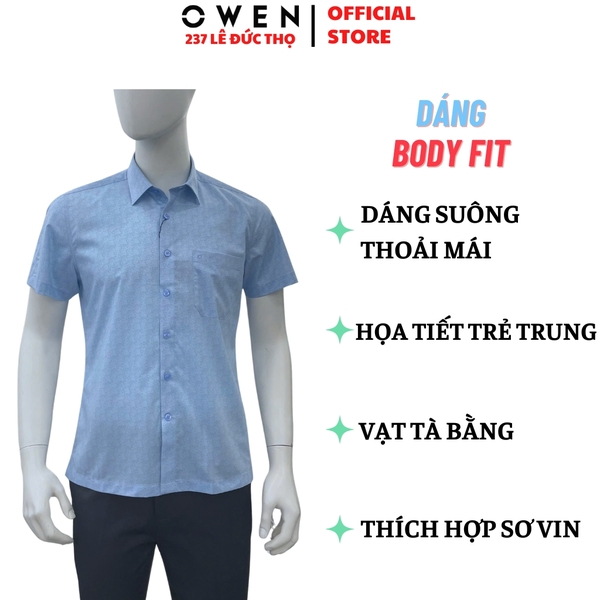 Áo sơ mi nam tay ngắn Owen AB260016NT màu xanh in họa tiết dáng suông body fit tà bằng có túi chất liệu modal polyester