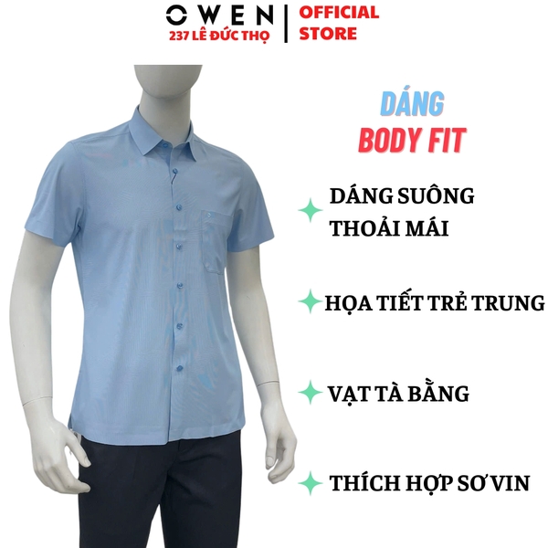 Áo sơ mi nam tay ngắn Owen AB263092NT màu xanh nhạt kẻ dáng suông body fit tà bằng có túi chất liệu polyester