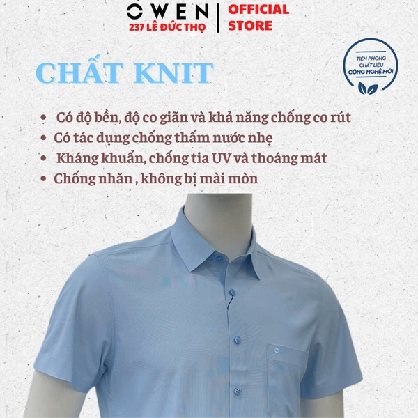 Áo sơ mi nam tay ngắn Owen AB263092NT màu xanh nhạt kẻ dáng suông body fit tà bằng có túi chất liệu polyester