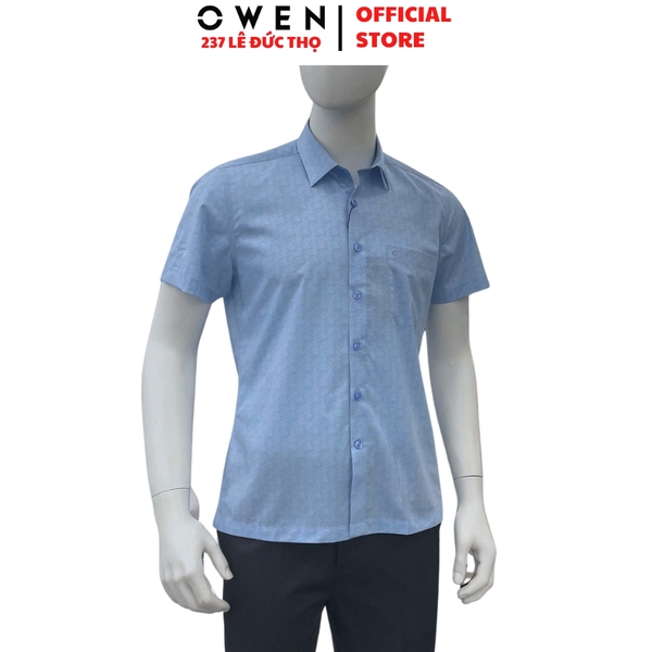 Áo sơ mi nam tay ngắn Owen AB260016NT màu xanh in họa tiết dáng suông body fit tà bằng có túi chất liệu modal polyester