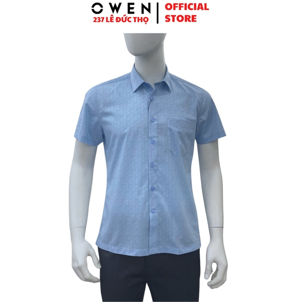 Áo sơ mi nam tay ngắn Owen AB260016NT màu xanh in họa tiết dáng suông body fit tà bằng có túi chất liệu modal polyester
