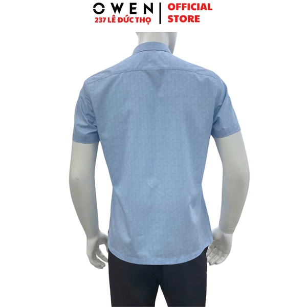 Áo sơ mi nam tay ngắn Owen AB260016NT màu xanh in họa tiết dáng suông body fit tà bằng có túi chất liệu modal polyester