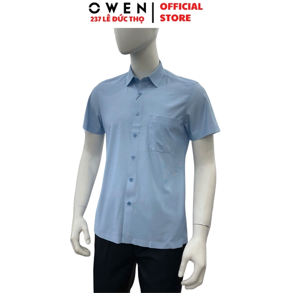 Áo sơ mi nam tay ngắn Owen AB263092NT màu xanh nhạt kẻ dáng suông body fit tà bằng có túi chất liệu polyester