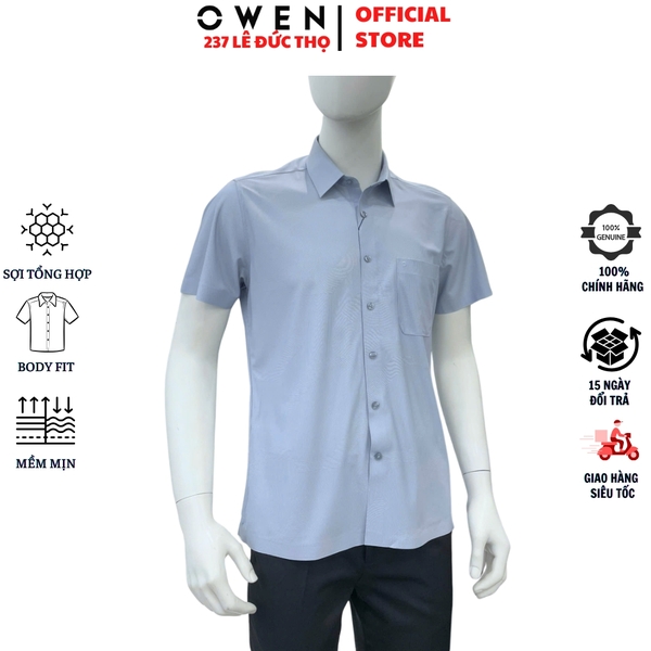 Áo sơ mi nam tay ngắn Owen AB263093NT màu xanh kẻ dáng suông body fit tà bằng có túi chất liệu polyester
