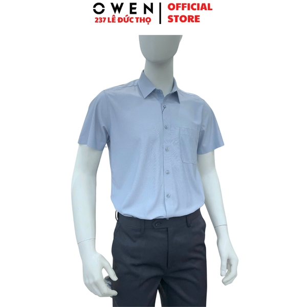 Áo sơ mi nam tay ngắn Owen AB263093NT màu xanh kẻ dáng suông body fit tà bằng có túi chất liệu polyester