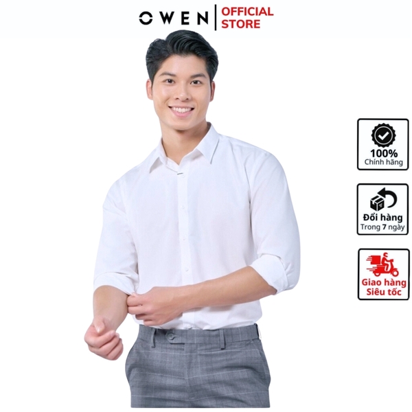 Áo Sơ Mi Trắng Nam Tay Dài Owen AS230323D (AS240310D) màu trắng trơn dáng slim fit tà lượn không túi chất liệu café
