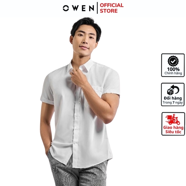 Áo Sơ Mi Trắng Nam Tay Ngắn Owen AR230328NT (AR240102NT) màu trắng dáng regular fit tà lượn có túi vải sợi sồi