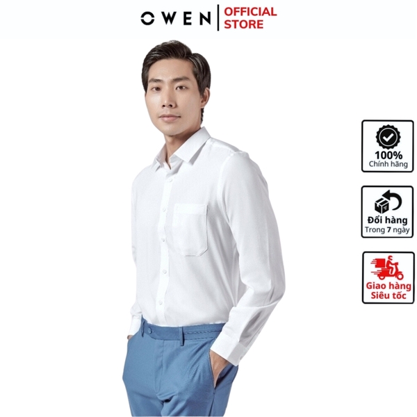 Áo Sơ Mi Trắng Nam Tay Dài Owen AR240300DT (AR230315DT hoặc AR221194DT) màu trắng trơn dáng regular fit tà lượn có túi vải nano
