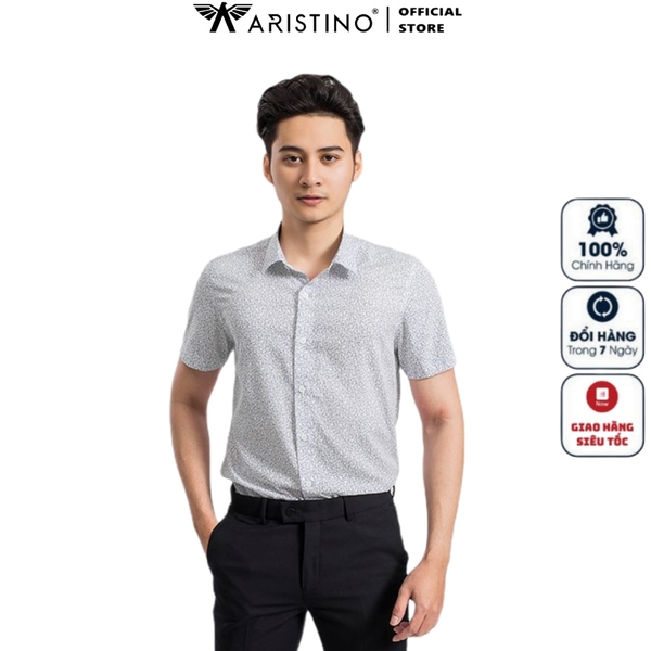 Áo Sơ Mi Nam Tay Ngắn Aristino ASS065S9 Màu Trắng In Họa Tiết Lá Dáng Slim Fit Vải Sợi Sồi