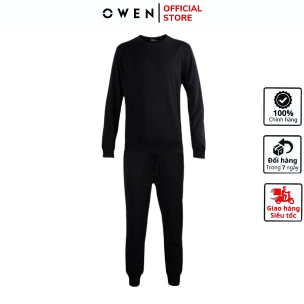 Bộ mặc nhà OWEN BMN221186 Màu đen trơn Dáng Regular Fit áo cổ tròn quần cạp chun CVC Spandex
