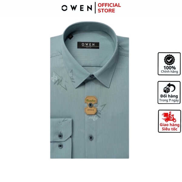 Áo Sơ Mi Nam Tay Dài Owen AS220926D Màu dobby xanh in lá Dáng Slim Fit Tà Lượn Không Túi Vải Sợi Tre ( Bamboo)