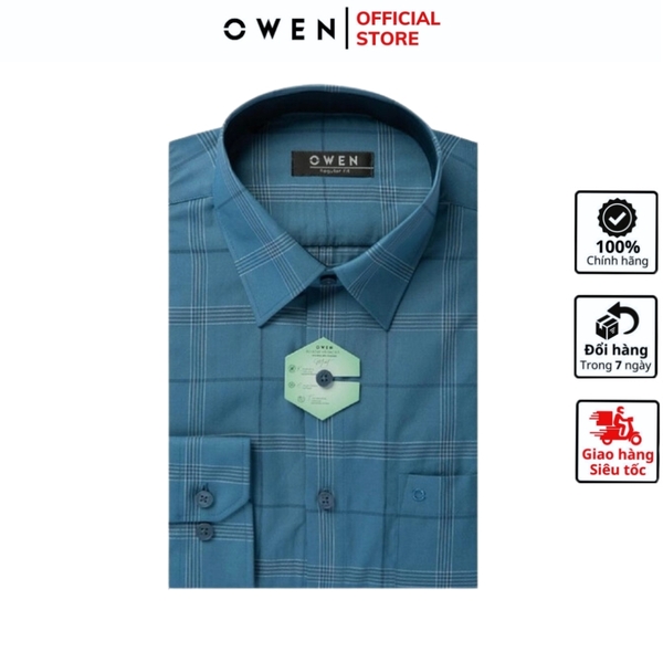 Áo Sơ Mi Nam Tay Dài Owen AR220814DT Kẻ caro xanh đậm  Dáng Regular Fit Vài bạc hà