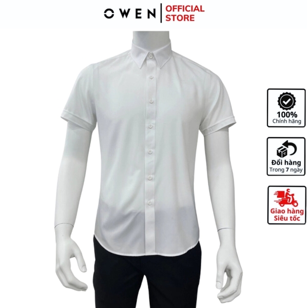 Áo Sơ Mi Trắng Nam Tay Ngắn Owen AS230319N (AS250312N) màu trắng trơn dáng slim fit tà lượn không túi vải nano
