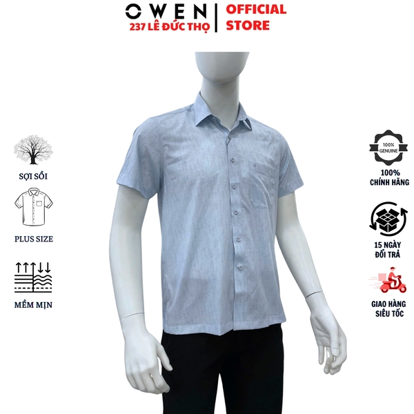 Áo sơ mi nam tay ngắn Owen AF260011NT màu xanh nhạt dáng suông rộng Plus size tà bằng có túi chất liệu modal polyester