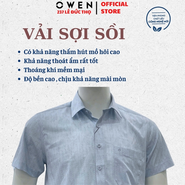 Áo sơ mi nam tay ngắn Owen AF260011NT màu xanh nhạt dáng suông rộng Plus size tà bằng có túi chất liệu modal polyester