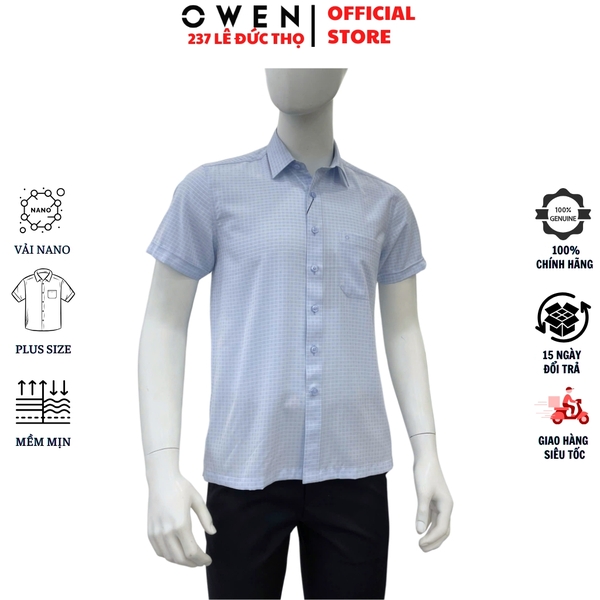 Áo sơ mi nam tay ngắn Owen AF260121NT màu xanh nhạt kẻ caro dáng Plus size có túi chất liệu nano