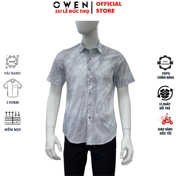 Áo sơ mi nam tay ngắn Owen AJ260149N màu xám họa tiết dáng J-form không túi chất liệu bamboo polyester
