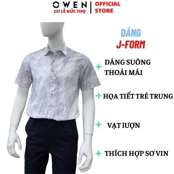 Áo sơ mi nam tay ngắn Owen AJ260149N màu xám họa tiết dáng J-form không túi chất liệu bamboo polyester