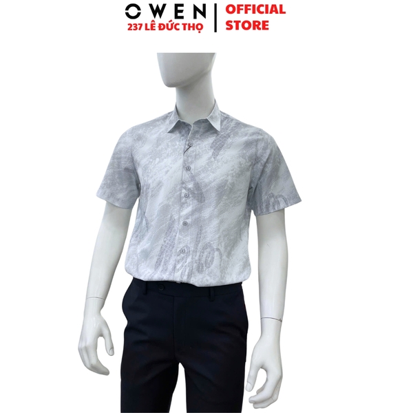 Áo sơ mi nam tay ngắn Owen AJ260149N màu xám họa tiết dáng J-form không túi chất liệu bamboo polyester