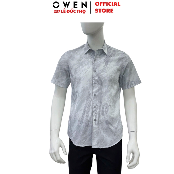 Áo sơ mi nam tay ngắn Owen AJ260149N màu xám họa tiết dáng J-form không túi chất liệu bamboo polyester