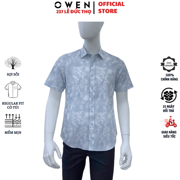 Áo sơ mi nam tay ngắn Owen AJ260150N màu xanh họa tiết dáng J-form không túi chất liệu modal polyester