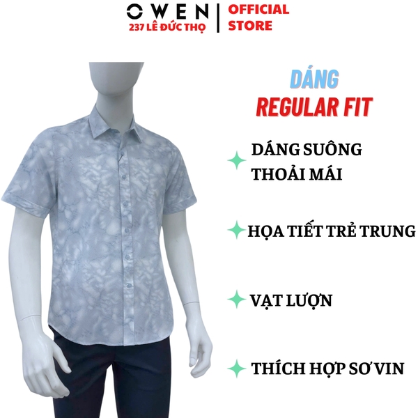 Áo sơ mi nam tay ngắn Owen AJ260150N màu xanh họa tiết dáng J-form không túi chất liệu modal polyester