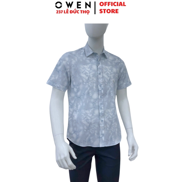 Áo sơ mi nam tay ngắn Owen AJ260150N màu xanh họa tiết dáng J-form không túi chất liệu modal polyester