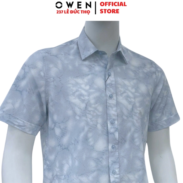 Áo sơ mi nam tay ngắn Owen AJ260150N màu xanh họa tiết dáng J-form không túi chất liệu modal polyester