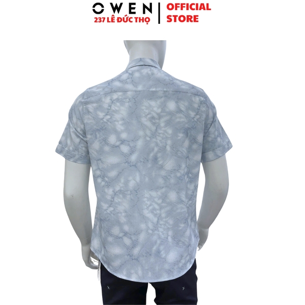 Áo sơ mi nam tay ngắn Owen AJ260150N màu xanh họa tiết dáng J-form không túi chất liệu modal polyester