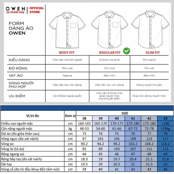 Áo sơ mi nam tay ngắn Owen AJ260150N màu xanh họa tiết dáng J-form không túi chất liệu modal polyester