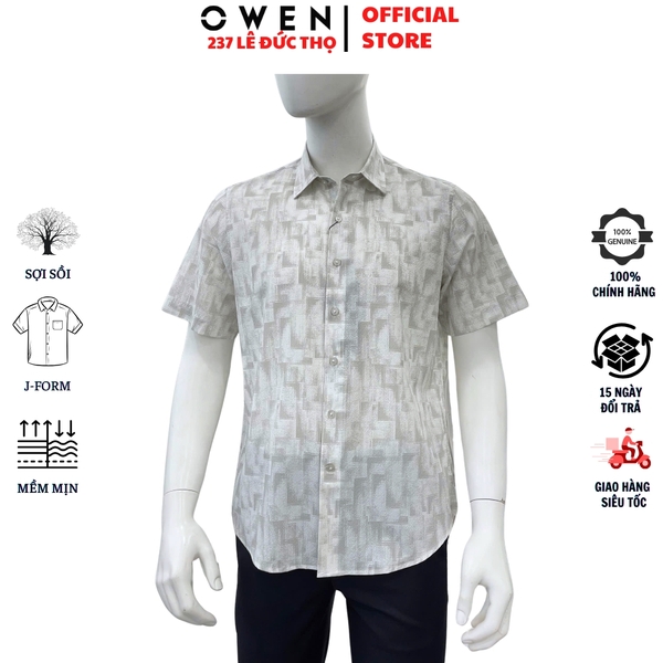Áo sơ mi nam tay ngắn Owen AJ260151N màu be họa tiết dáng J-form không túi chất liệu modal polyester