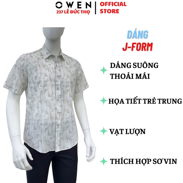 Áo sơ mi nam tay ngắn Owen AJ260151N màu be họa tiết dáng J-form không túi chất liệu modal polyester