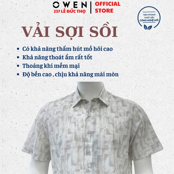 Áo sơ mi nam tay ngắn Owen AJ260151N màu be họa tiết dáng J-form không túi chất liệu modal polyester