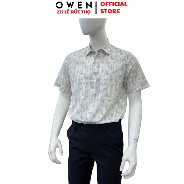Áo sơ mi nam tay ngắn Owen AJ260151N màu be họa tiết dáng J-form không túi chất liệu modal polyester