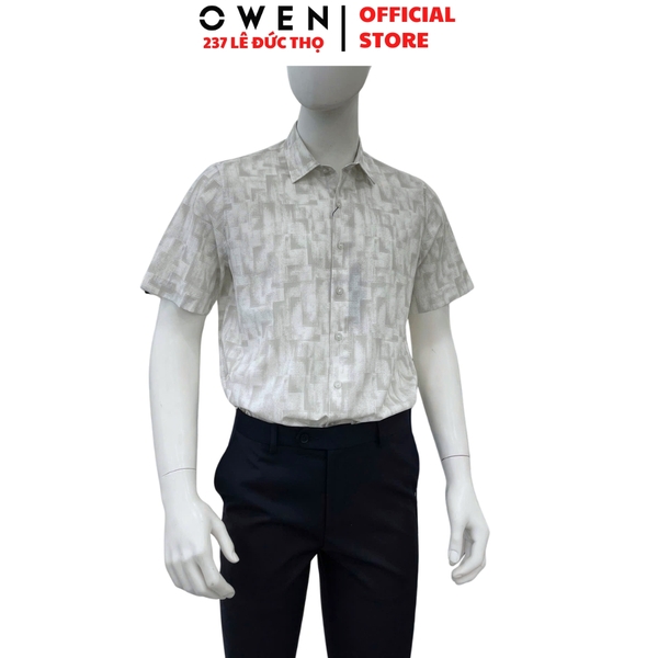 Áo sơ mi nam tay ngắn Owen AJ260151N màu be họa tiết dáng J-form không túi chất liệu modal polyester