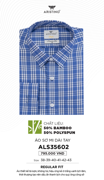 Áo Sơ Mi Nam Dài Tay Aristino ALS35602 Màu Trắng Kẻ Xanh Vải Sợi Tre Cao Cấp Dáng Suông Tà Lượn Có Túi