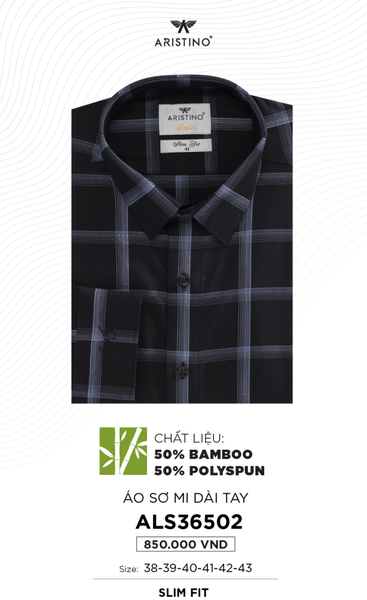Áo Sơ Mi Nam Dài Tay Aristino ALS36502 Màu Đen Kẻ Xanh Vải Sợi Tre Cao Cấp Dáng Ôm Tà Lượn Không Túi