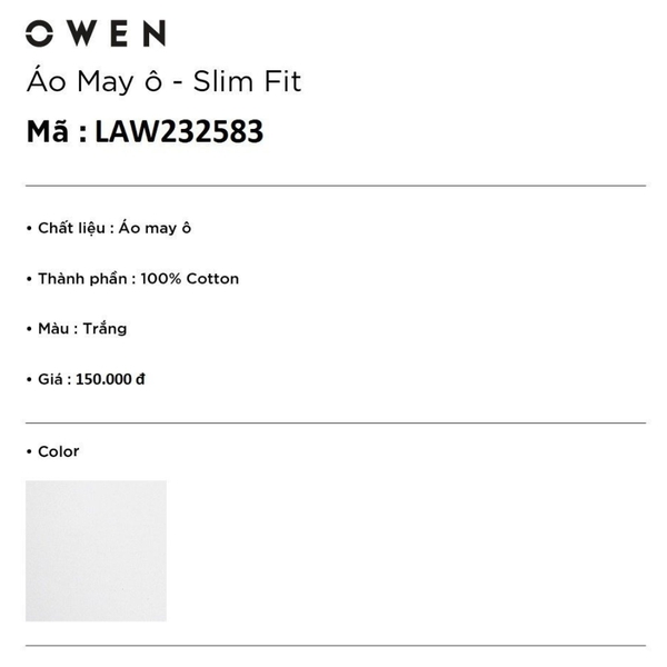 Áo Ba Lỗ Nam Owen LAW232583 (LAW258031) màu trắng Dáng Slim Fit vải cotton