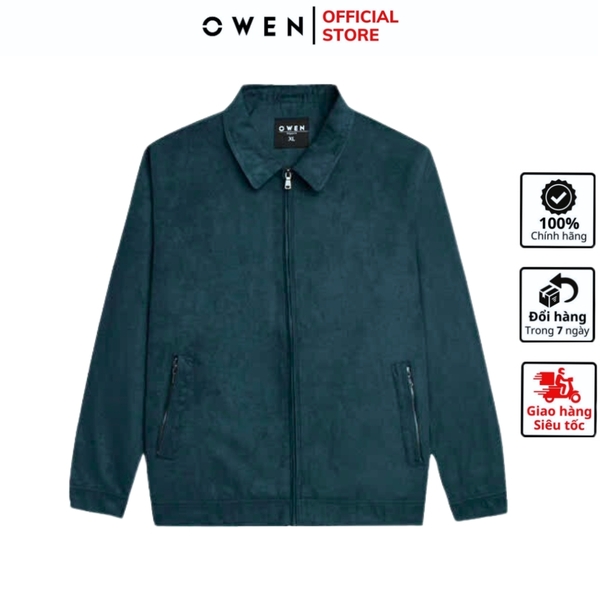 Áo Khoác Jacket Owen JK241479 màu xanh cổ vịt da lộn dáng regular fit, cổ bẻ, khóa kéo, tay và gấu bo  chất liệu polyester