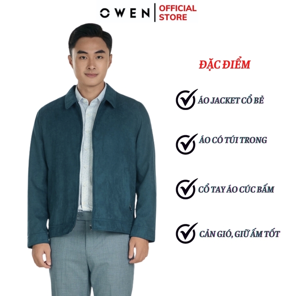 Áo Khoác Jacket Owen JK241479 màu xanh cổ vịt da lộn dáng regular fit, cổ bẻ, khóa kéo, tay và gấu bo  chất liệu polyester