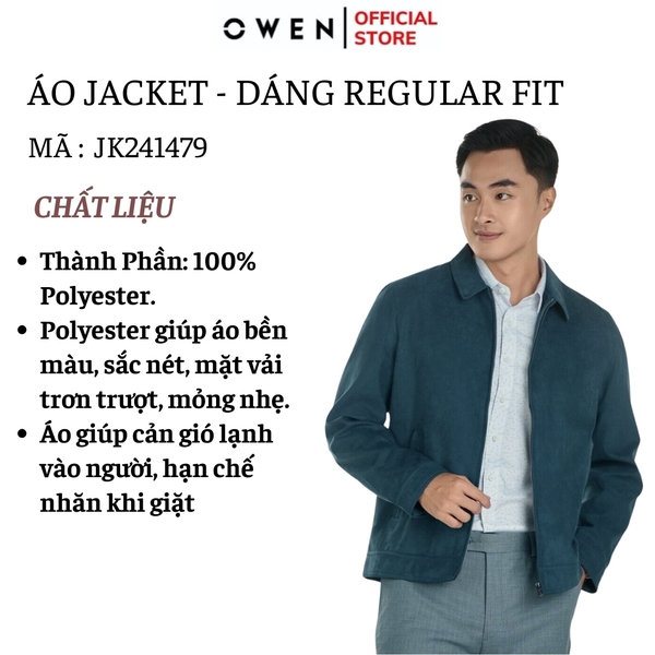 Áo Khoác Jacket Owen JK241479 màu xanh cổ vịt da lộn dáng regular fit, cổ bẻ, khóa kéo, tay và gấu bo  chất liệu polyester