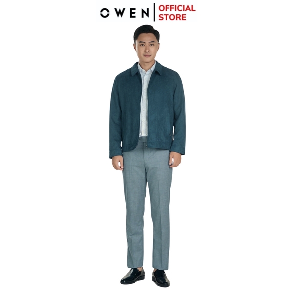Áo Khoác Jacket Owen JK241479 màu xanh cổ vịt da lộn dáng regular fit, cổ bẻ, khóa kéo, tay và gấu bo  chất liệu polyester