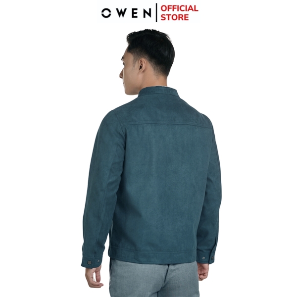 Áo Khoác Jacket Owen JK241479 màu xanh cổ vịt da lộn dáng regular fit, cổ bẻ, khóa kéo, tay và gấu bo  chất liệu polyester