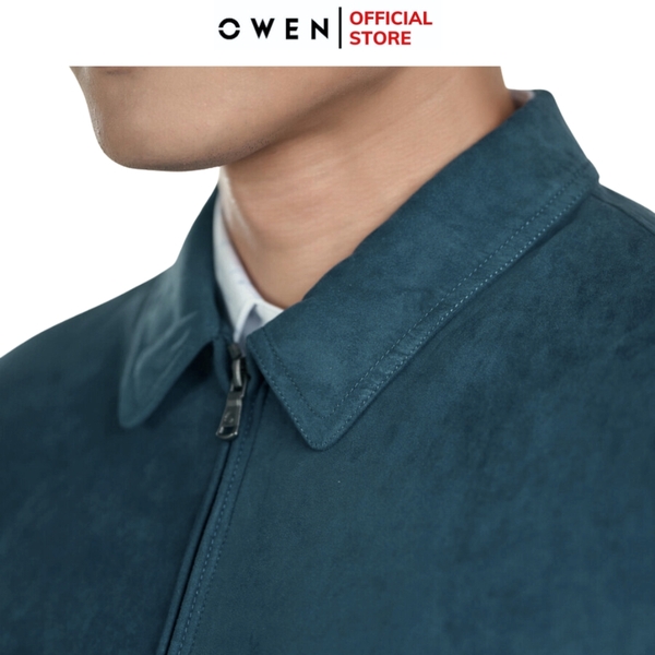 Áo Khoác Jacket Owen JK241479 màu xanh cổ vịt da lộn dáng regular fit, cổ bẻ, khóa kéo, tay và gấu bo  chất liệu polyester