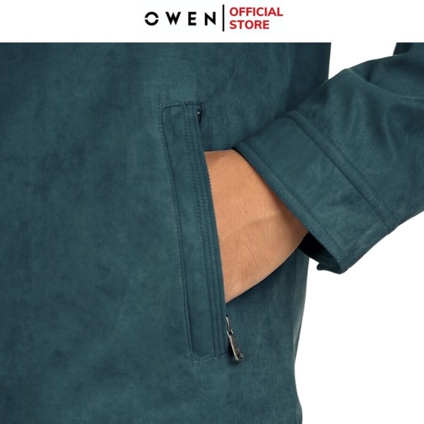 Áo Khoác Jacket Owen JK241479 màu xanh cổ vịt da lộn dáng regular fit, cổ bẻ, khóa kéo, tay và gấu bo  chất liệu polyester