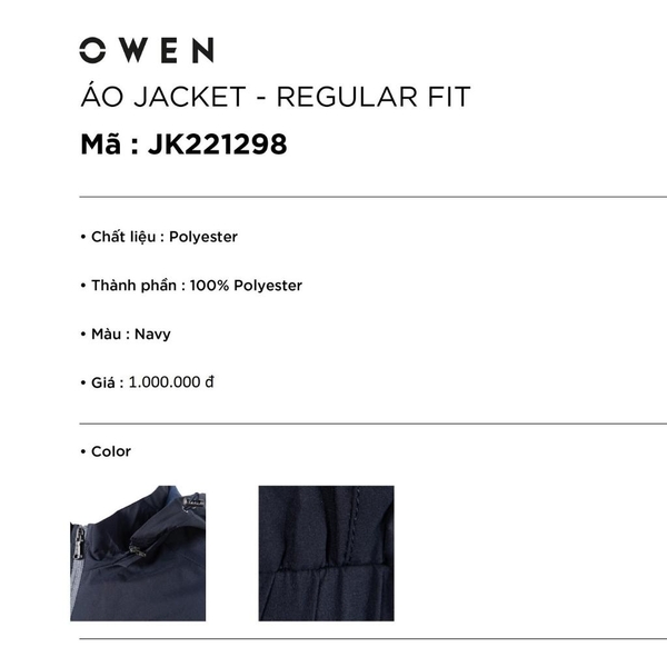 Áo Khoác Jacket Owen JK221298 Màu xanh navy Dáng Regular Fit có mũ Vải Polyester